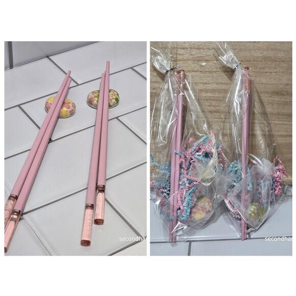 2 Sets of Pink Chopsticks And Coordinating Rests GIFT BAGGED - Picture 1 of 11